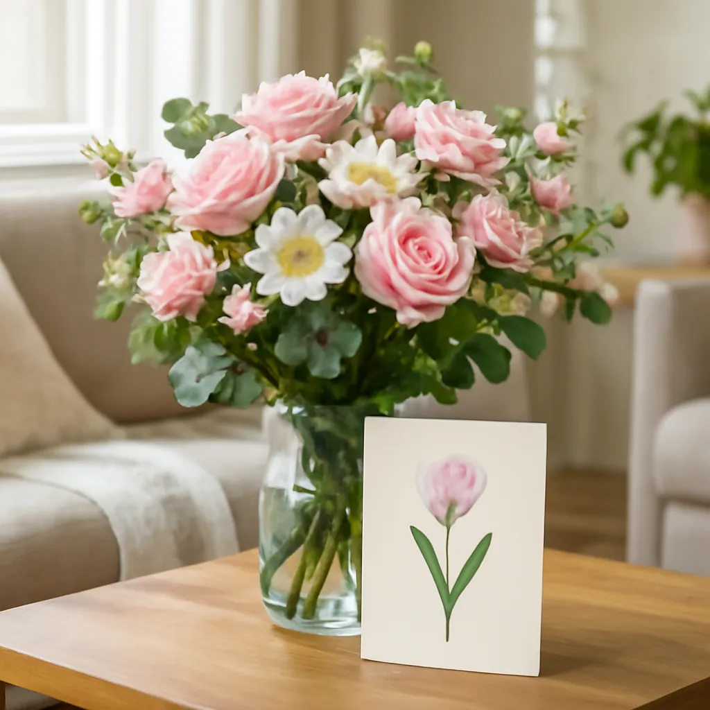 Flowers and card for mom gift