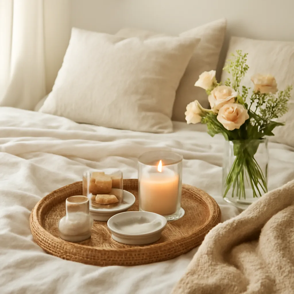 Evening self-care setup with soft bedding and flowers