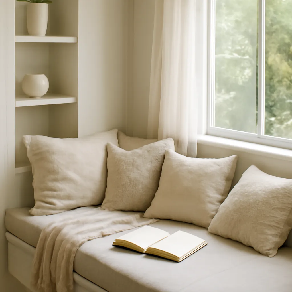 Reading nook with soft pillows and natural light