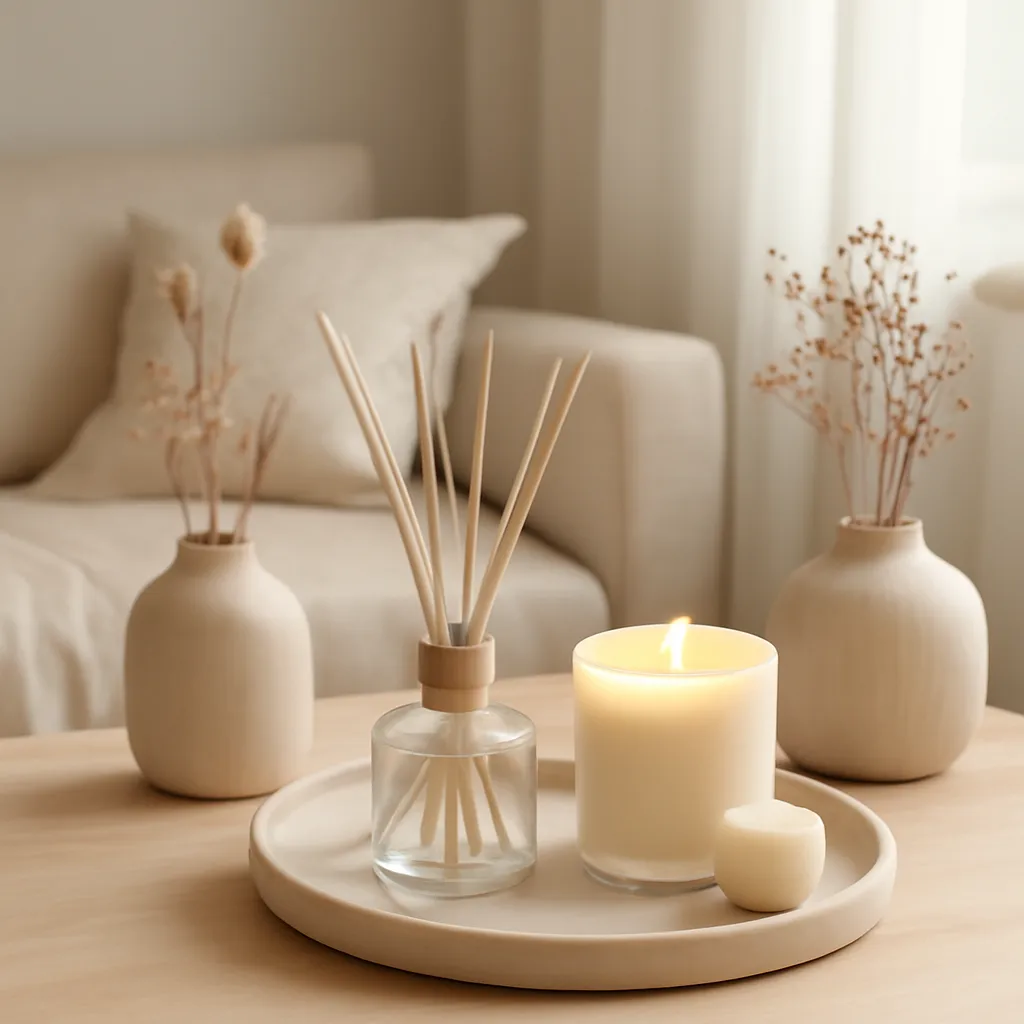 Home fragrance setup with soft neutral decor