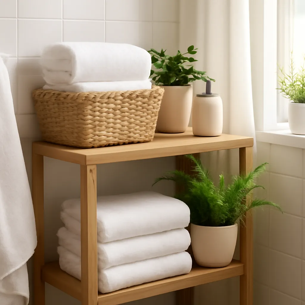 Cozy bathroom setup with fresh towels and greenery