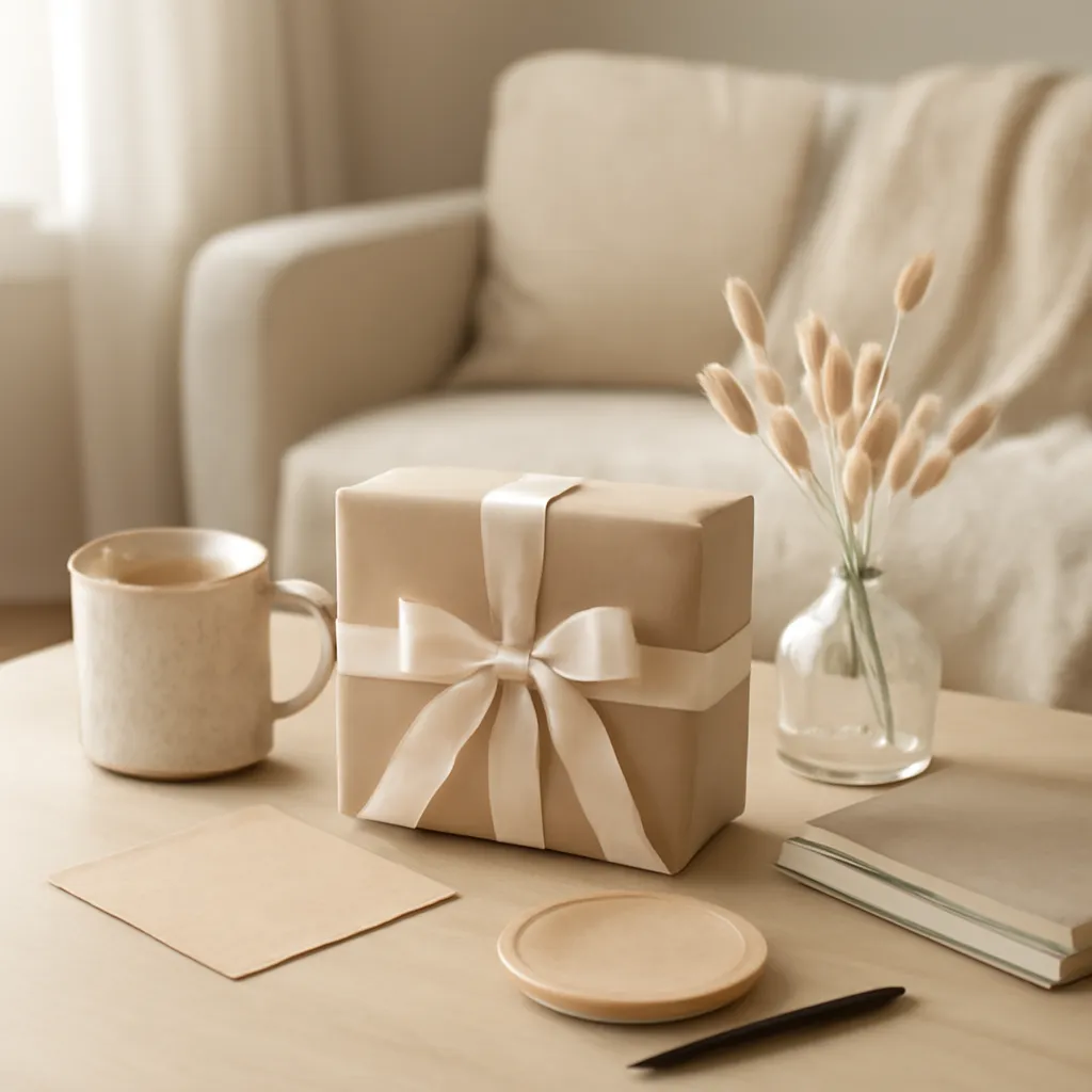 Warm neutral gift setup for close friend
