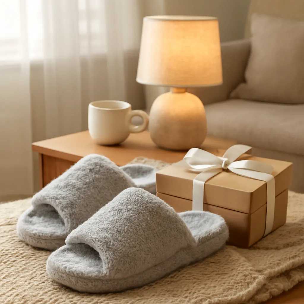 Cozy homebody gift with slippers and warm light