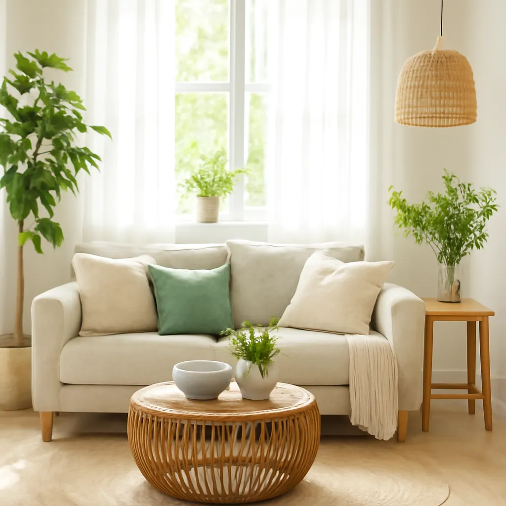 Fresh summer home decor with white curtains and greenery