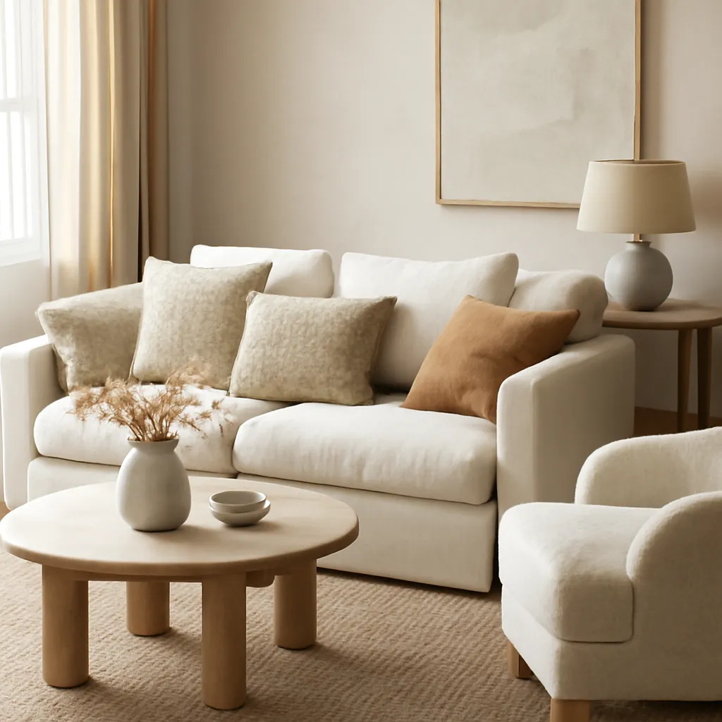 Cozy home textures in neutral living room