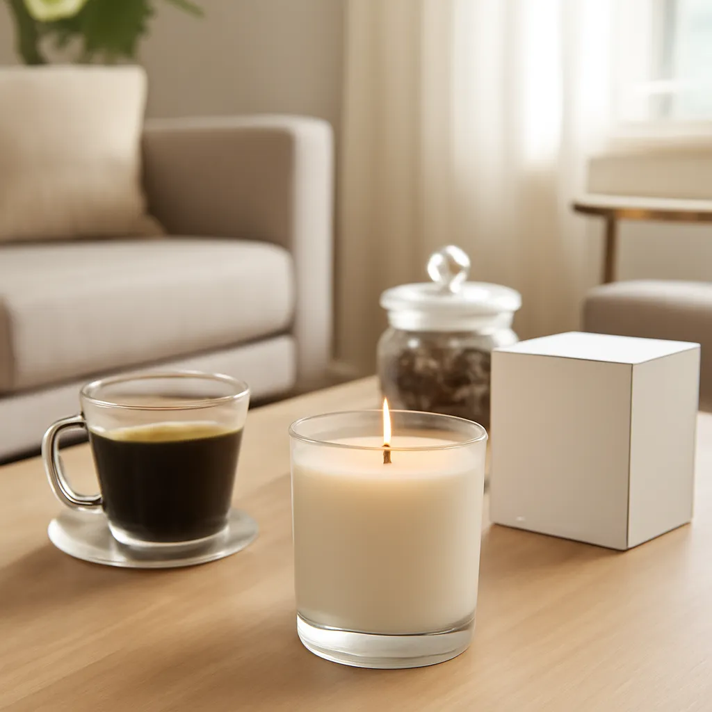 Hero image: espresso candle with café-style interior, premium US lifestyle photography, realistic materials, clean composition, no text