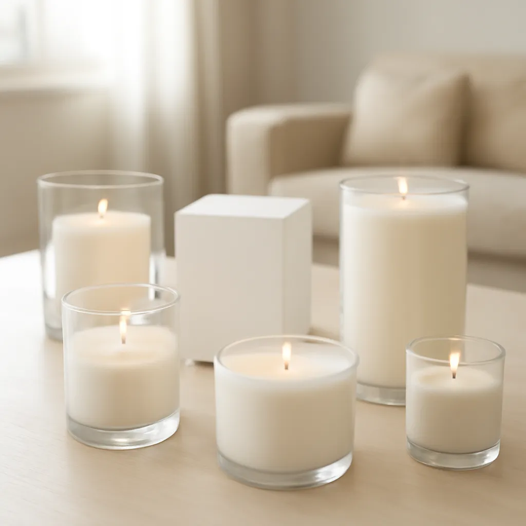 Hero image: votive and tea light candles arranged on an elegant table, premium US lifestyle photography, realistic materials, clean composition, no text