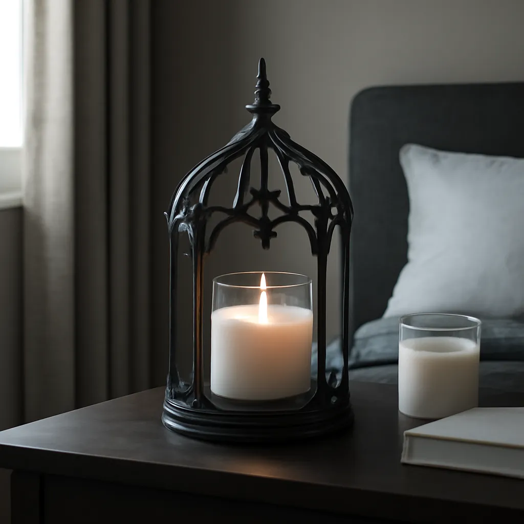 Hero image: gothic candle warmer in a calm dark bedroom, realistic premium product photography, dramatic but clean lighting, no text