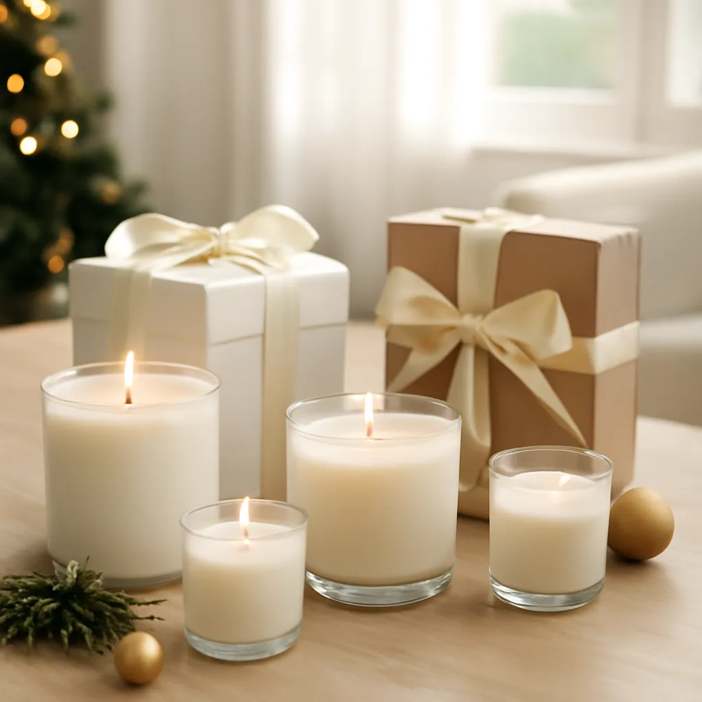 Hero image: gift-ready holiday candle collection, premium US lifestyle photography, realistic materials, clean composition, no text