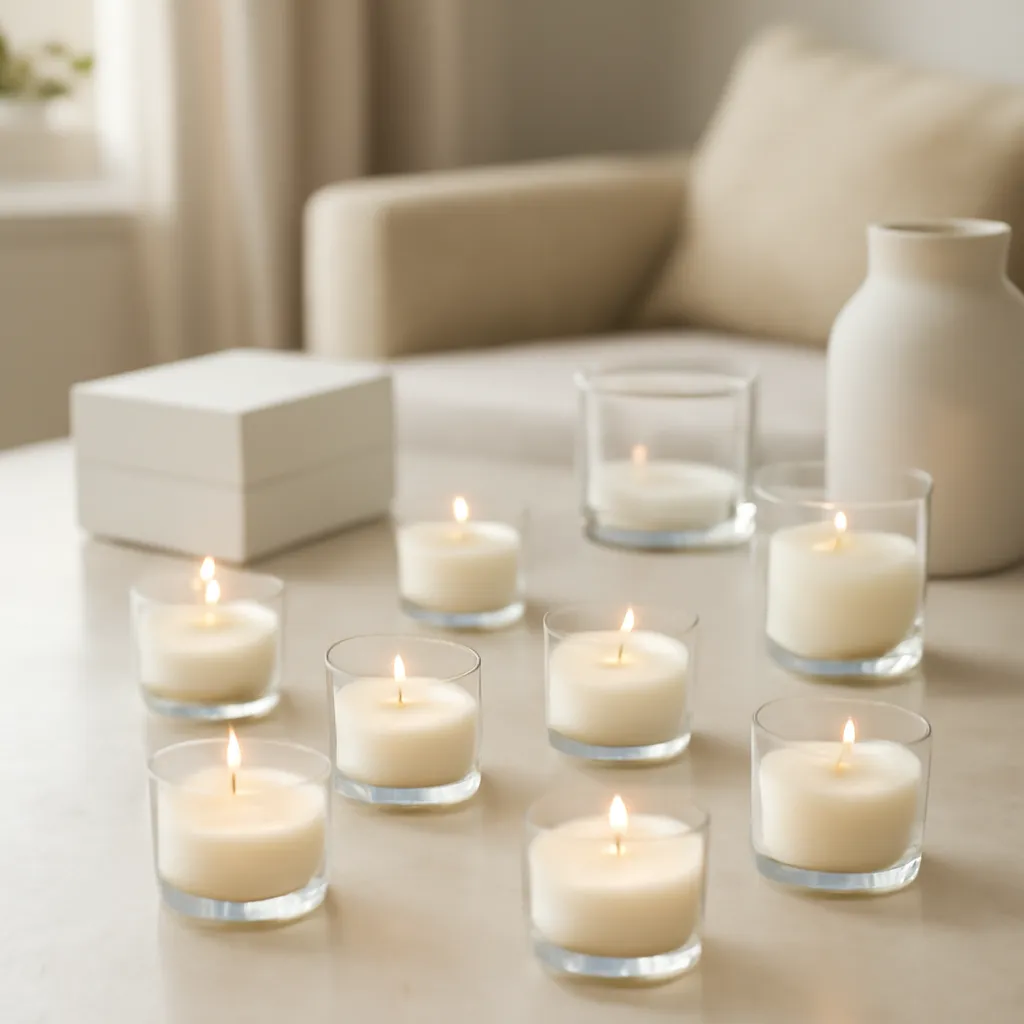 Hero image: small scented tea lights arranged on an elegant table, premium US lifestyle photography, realistic materials, clean composition, no text