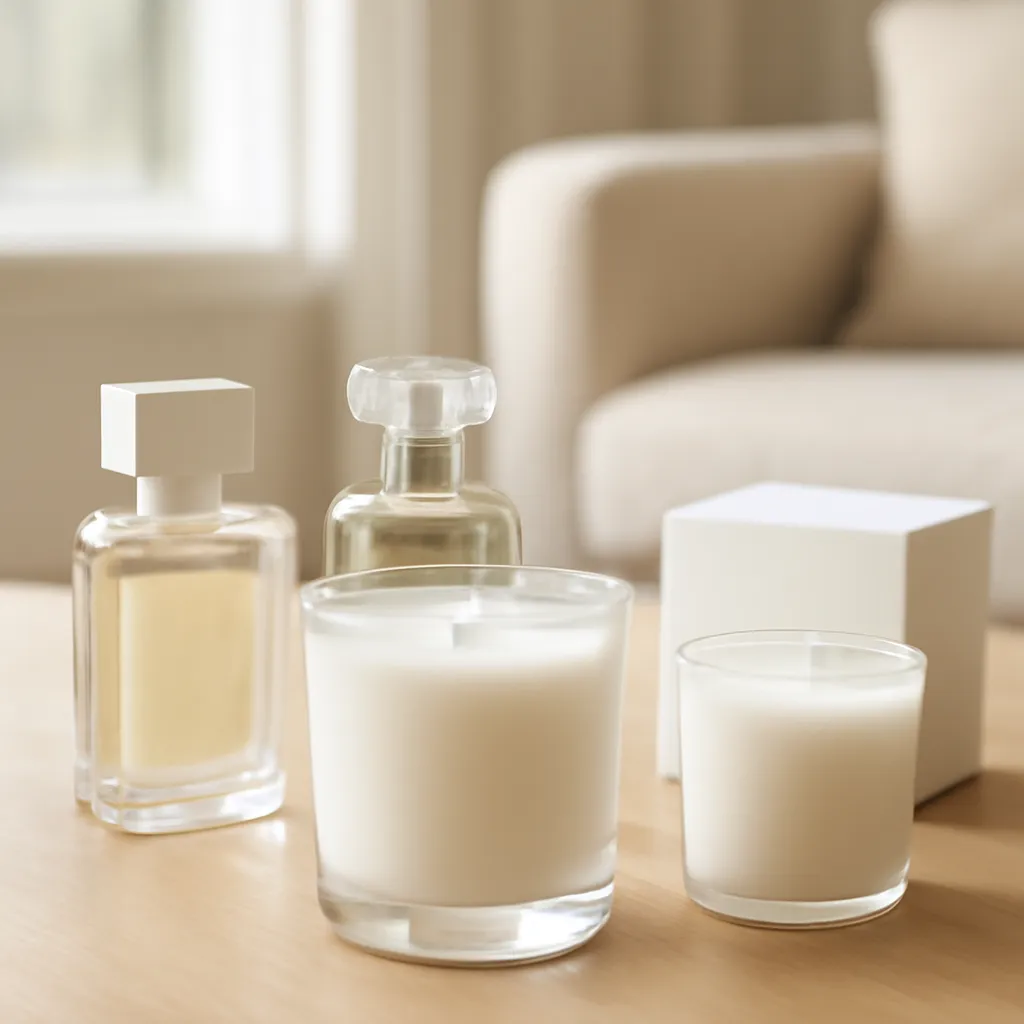 Hero image: fine-fragrance inspired candles beside elegant perfume styling, premium US lifestyle photography, realistic materials, clean composition, no text