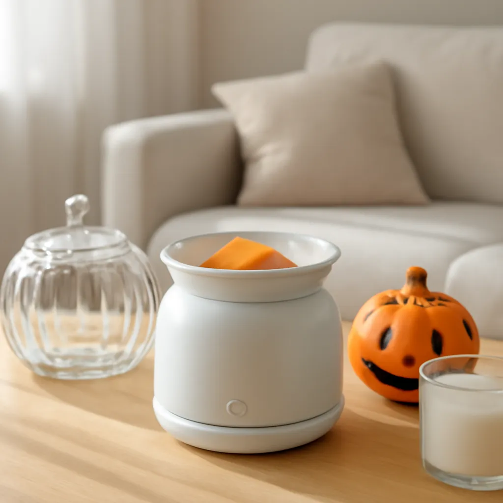 Hero image: simple Halloween wax warmer setup with three decorative accents, realistic premium product photography, dramatic but clean lighting, no text