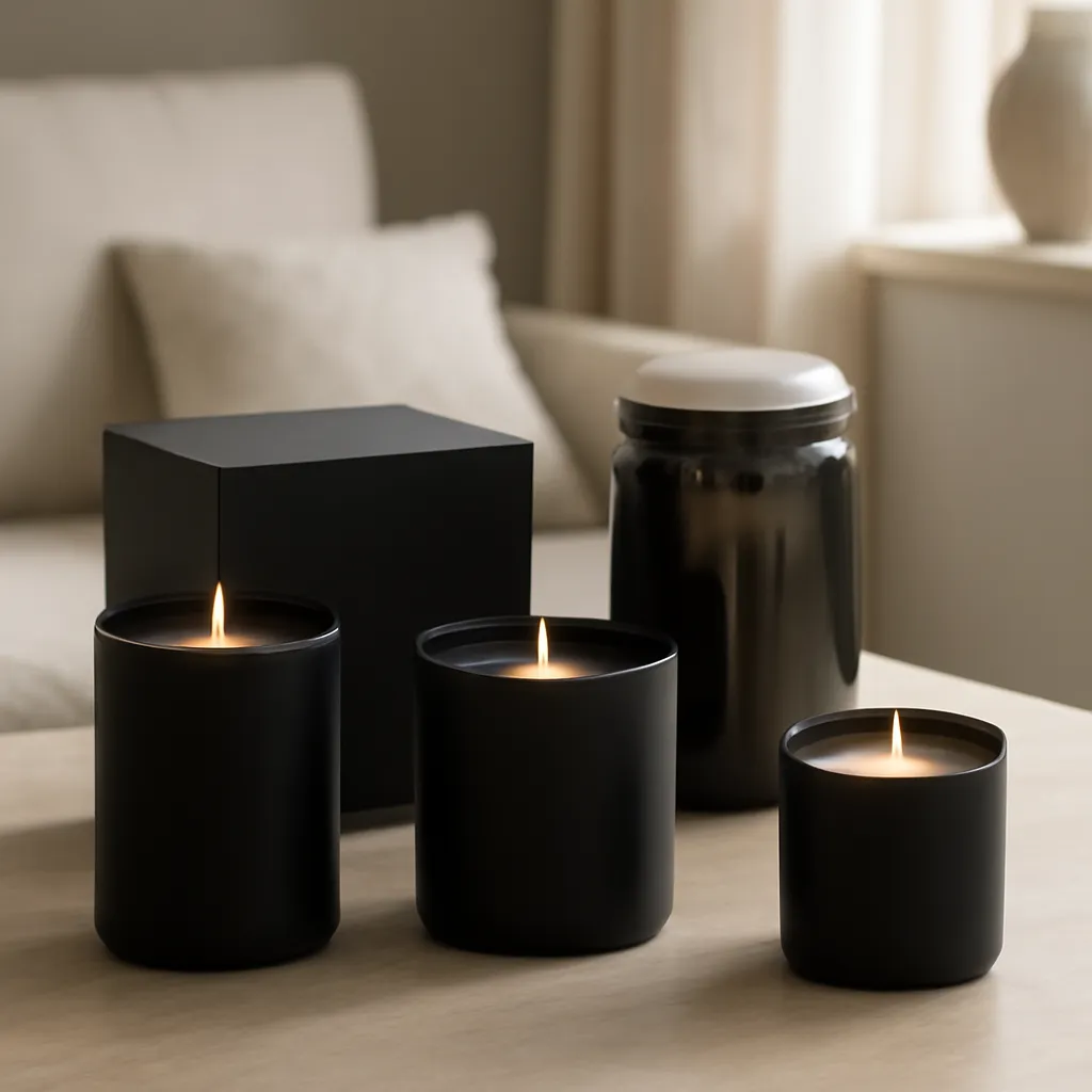 Hero image: refined dark-toned candle collection for modern interiors, premium US lifestyle photography, realistic materials, clean composition, no text