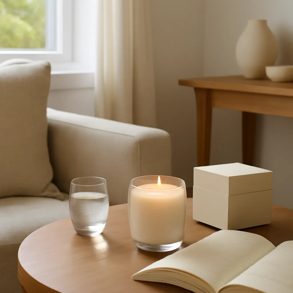 Hero image: calm evening reading corner with a softly scented candle, premium US lifestyle photography, realistic materials, clean composition, no text