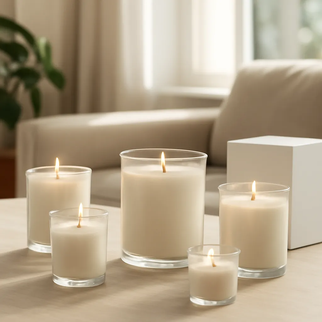 Hero image: six refined vanilla candle profiles, premium US lifestyle photography, realistic materials, clean composition, no text