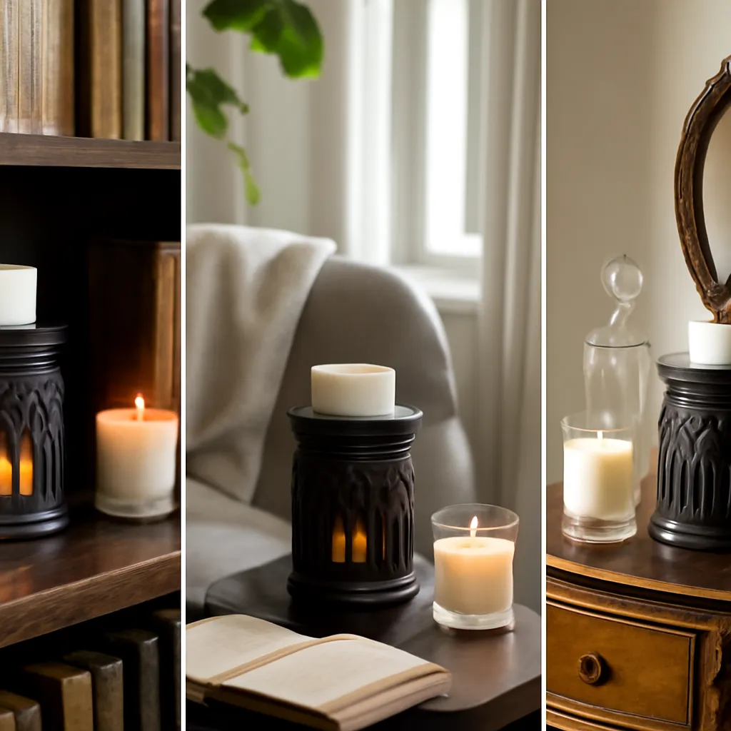 Hero image: three Gothic wax warmer scenes: bookshelf, reading nook and vanity, realistic premium product photography, dramatic but clean lighting, no text