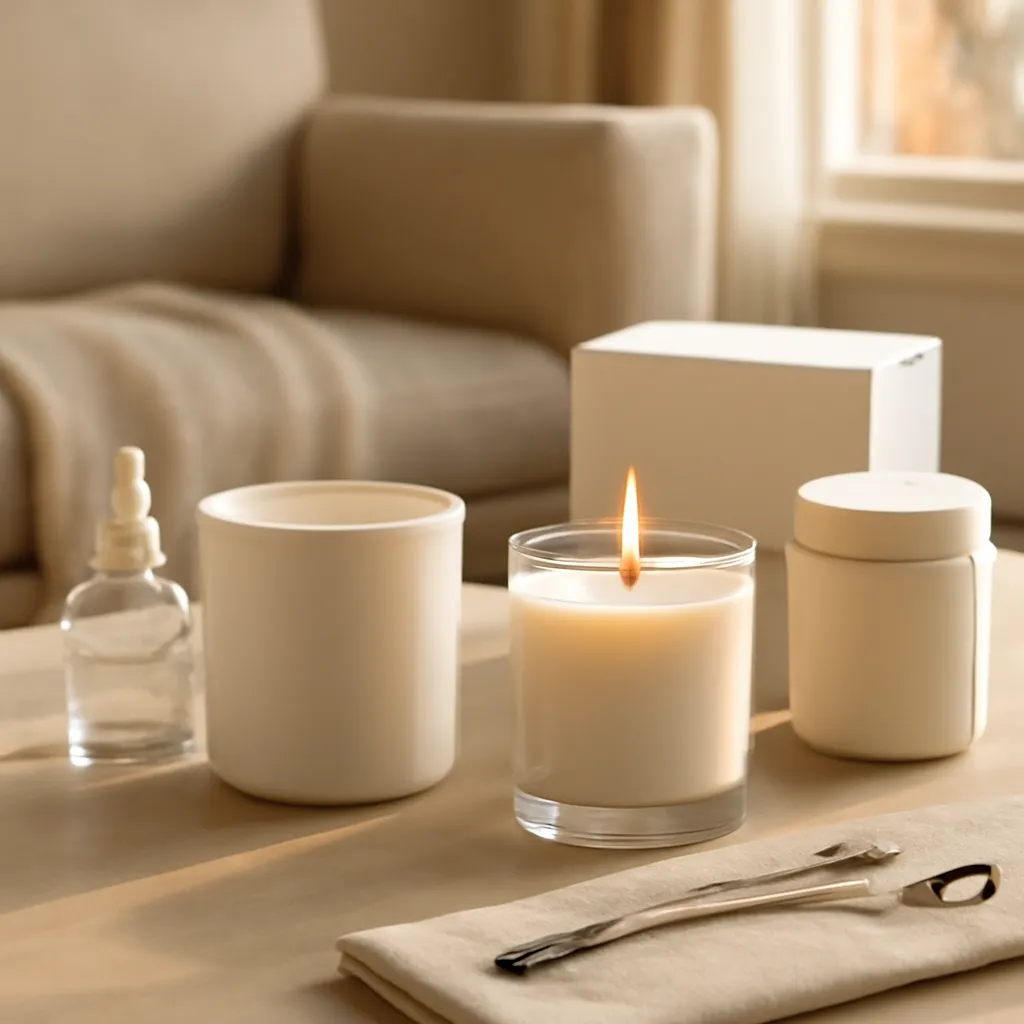 Hero image: professional candle care setup, premium US lifestyle photography, warm autumn light, clean composition, no text
