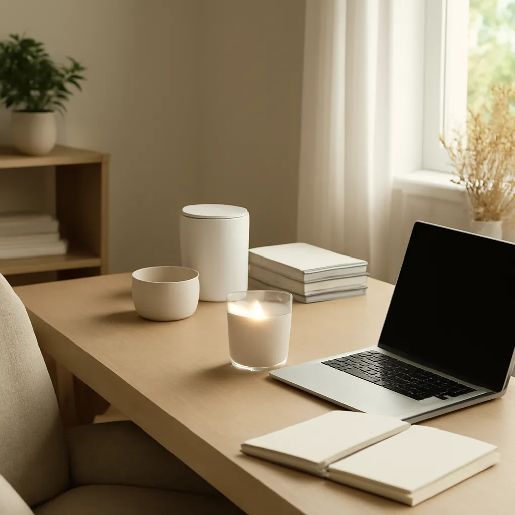Hero image: cozy productive home office with candle, premium US lifestyle photography, realistic materials, clean composition, no text