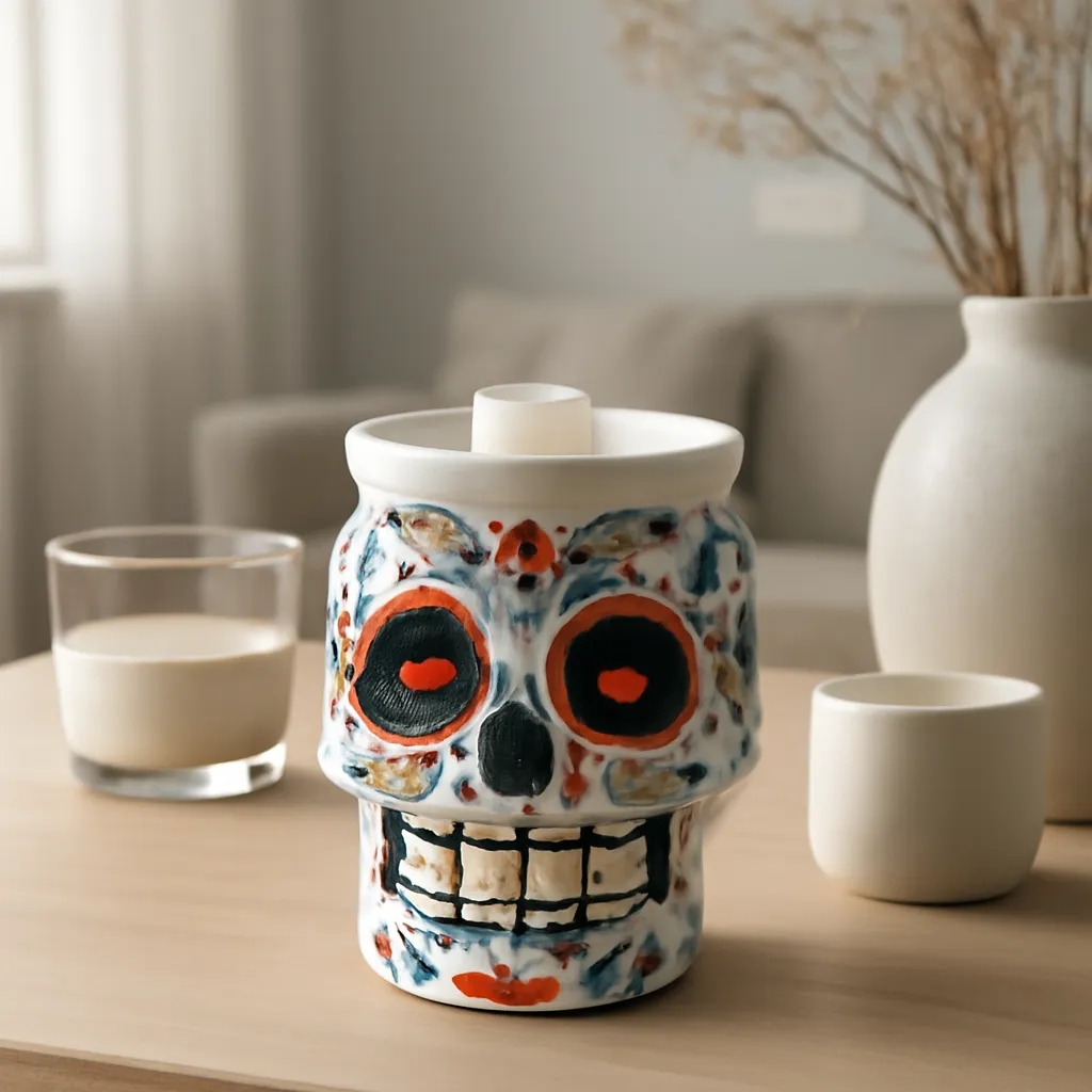 Hero image: colorful sugar skull wax warmer in a refined neutral space, realistic premium product photography, dramatic but clean lighting, no text