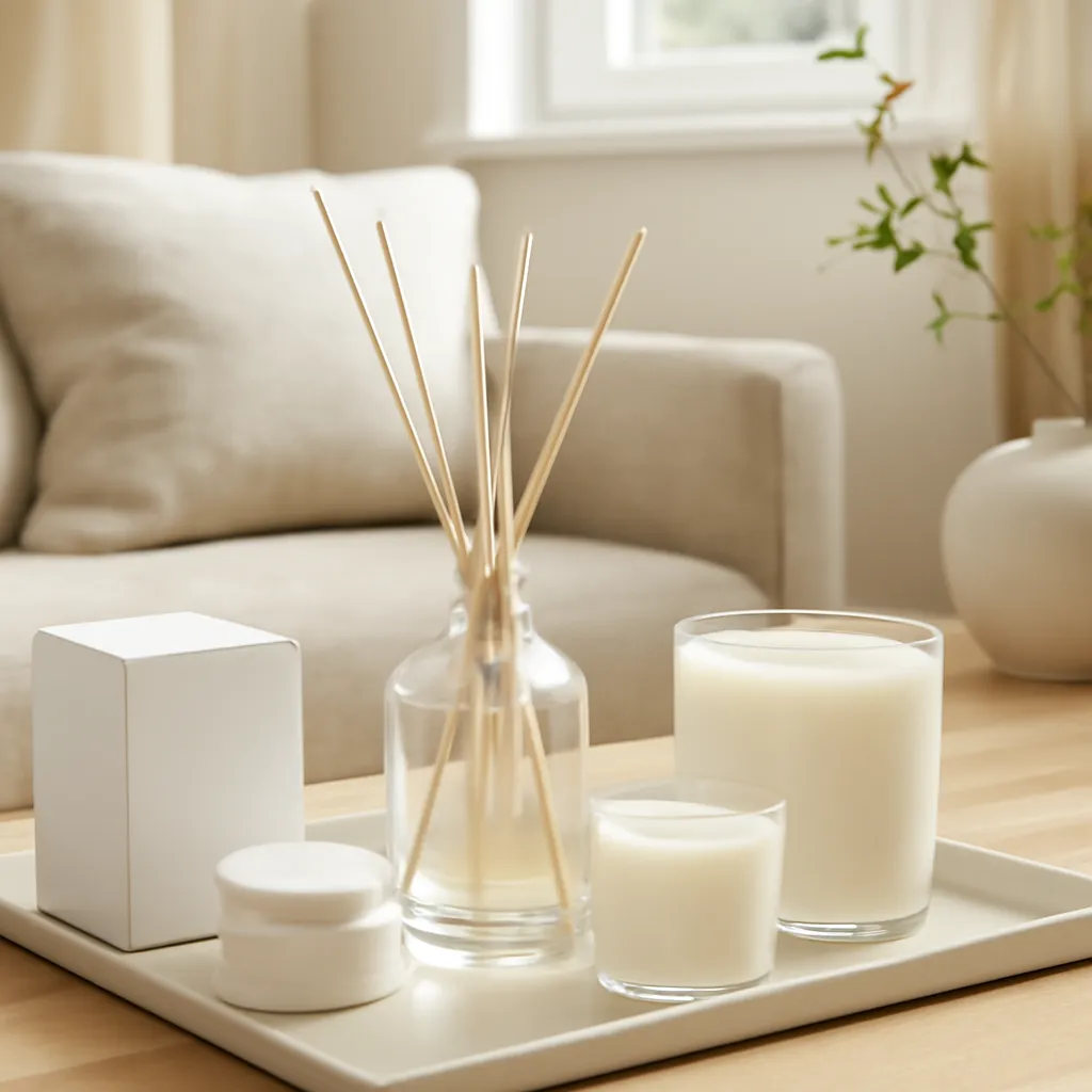 Hero image: layered signature home fragrance, premium US lifestyle photography, realistic materials, clean composition, no text
