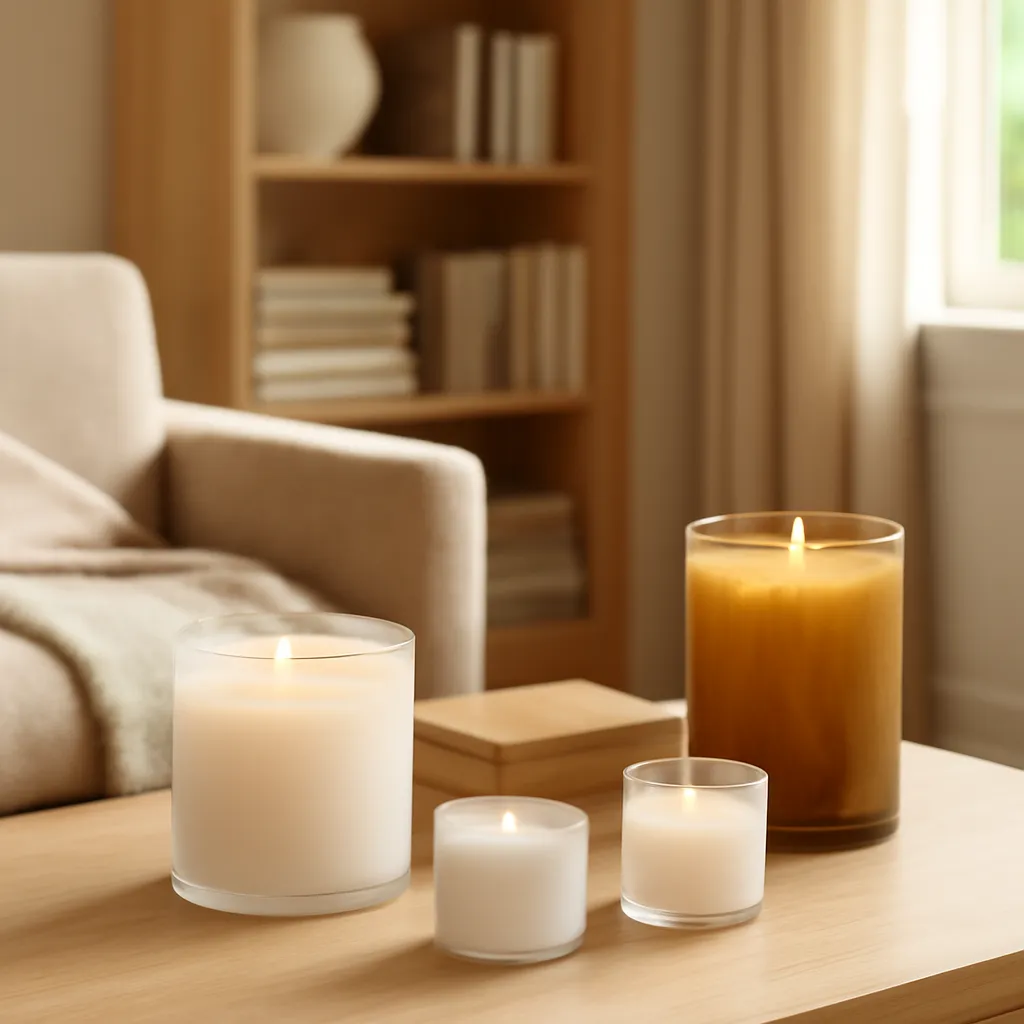 Hero image: luxury woody candles in a modern reading room, premium US lifestyle photography, realistic materials, clean composition, no text