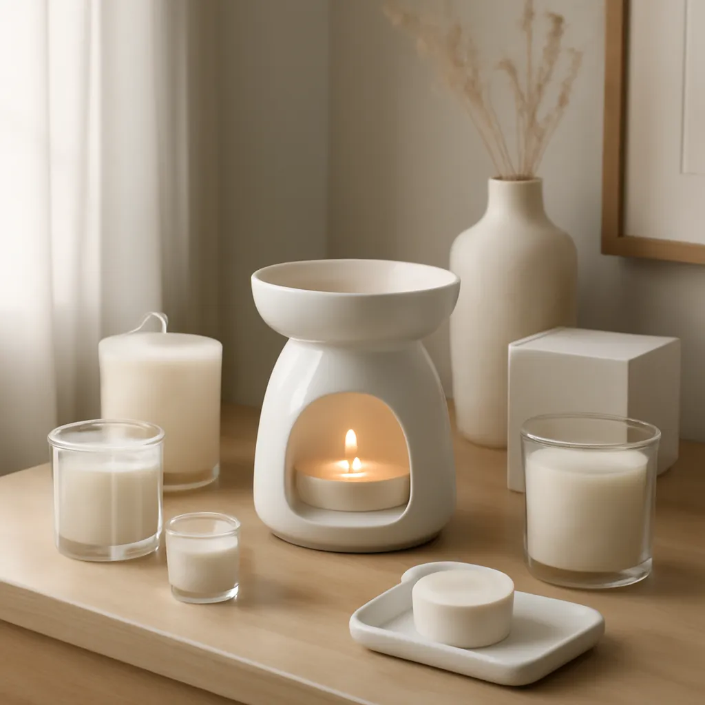 Hero image: anime-inspired wax warmer corner with organized collectibles, realistic premium product photography, dramatic but clean lighting, no text
