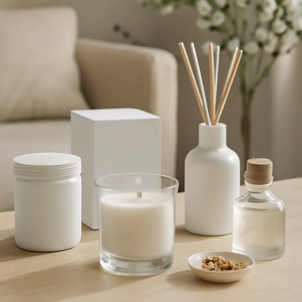 Hero image: online product descriptions and scent notes, premium US lifestyle photography, realistic materials, clean composition, no text