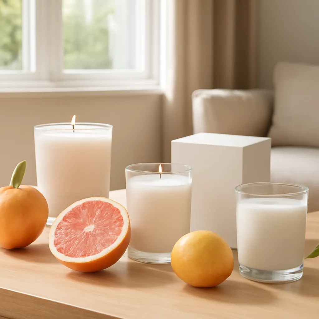 Hero image: fresh fruit and citrus candle collection in natural daylight, premium US lifestyle photography, realistic materials, clean composition, no text