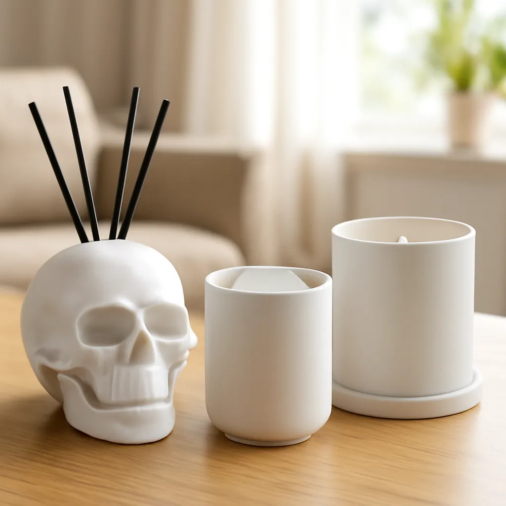 Hero image: skull diffuser, wax warmer and candle warmer compared together, realistic premium product photography, dramatic but clean lighting, no text