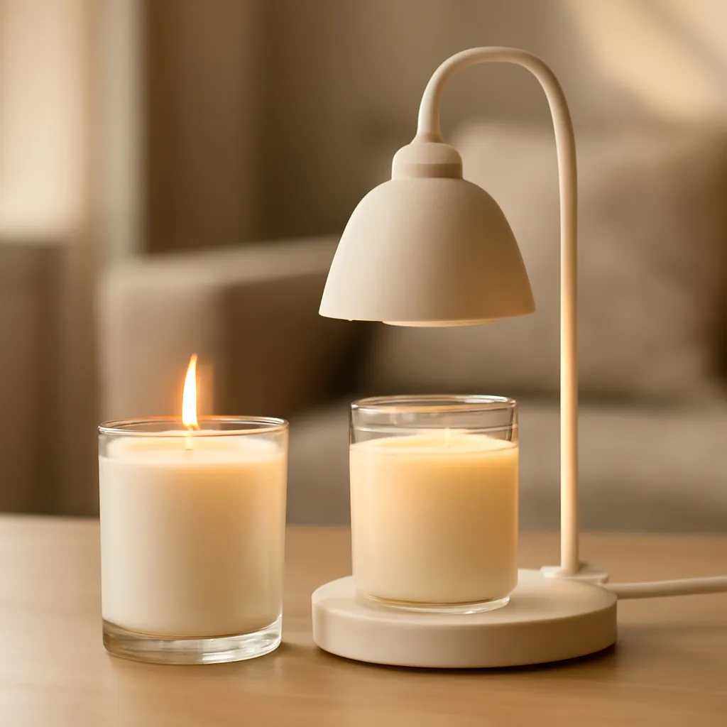 Hero image: traditional candle and warmer lamp comparison, premium US lifestyle photography, warm autumn light, clean composition, no text