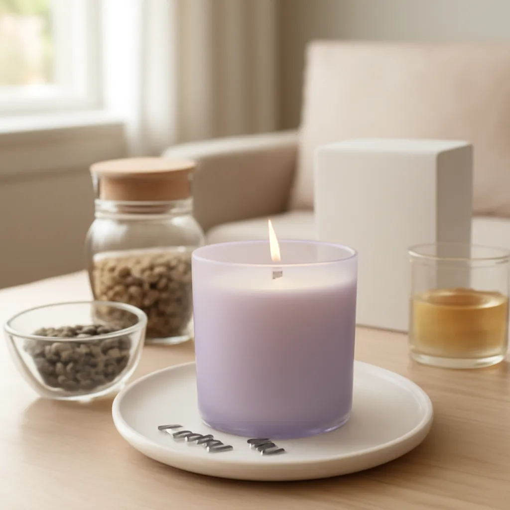 Hero image: elegant lavender candle with herbal ingredients, premium US lifestyle photography, realistic materials, clean composition, no text