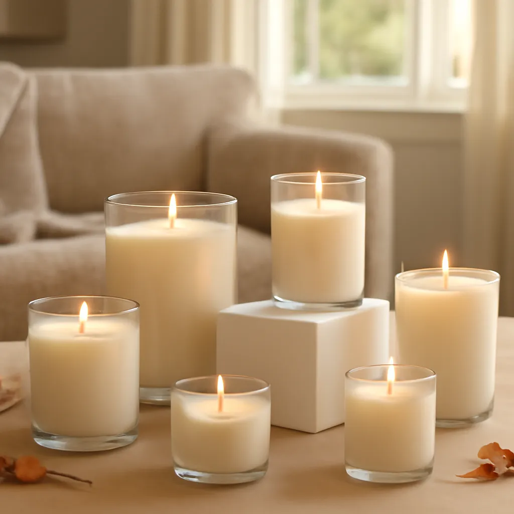 Hero image: warm autumn candle collection in a refined home, premium US lifestyle photography, realistic materials, clean composition, no text