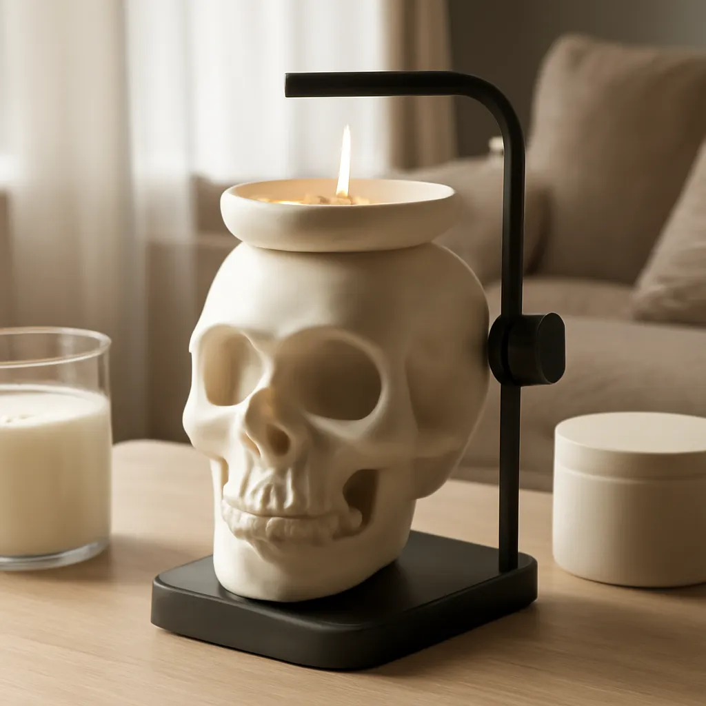 Hero image: close-up of skull candle warmer controls and adjustable structure, realistic premium product photography, dramatic but clean lighting, no text