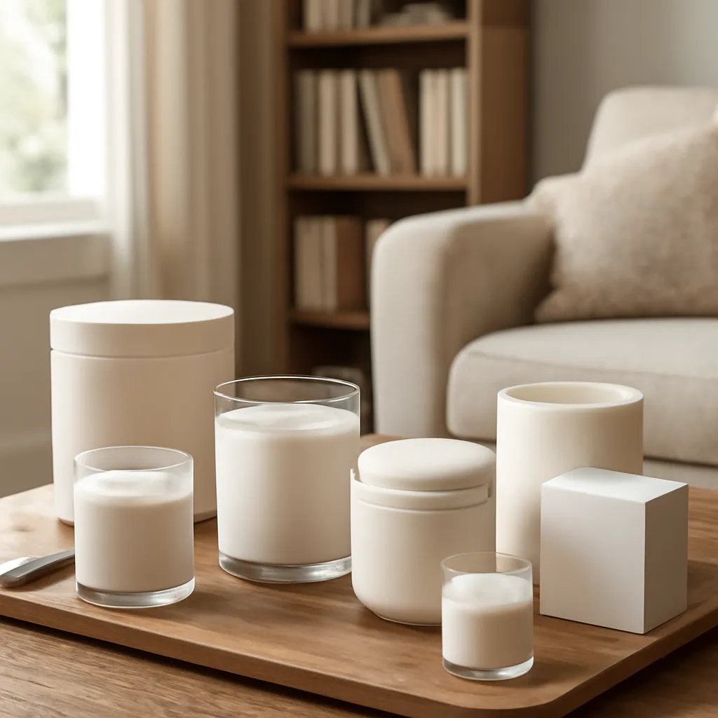 Hero image: luxury woody candle collection in a reading room, premium US lifestyle photography, realistic materials, clean composition, no text