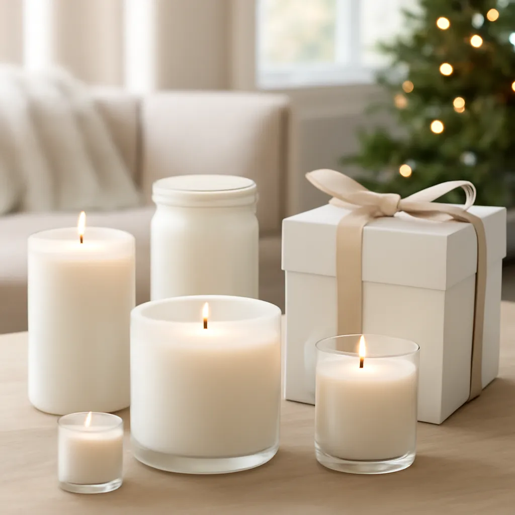 Hero image: elegant Christmas candle collection with gift-ready styling, premium US lifestyle photography, realistic materials, clean composition, no text