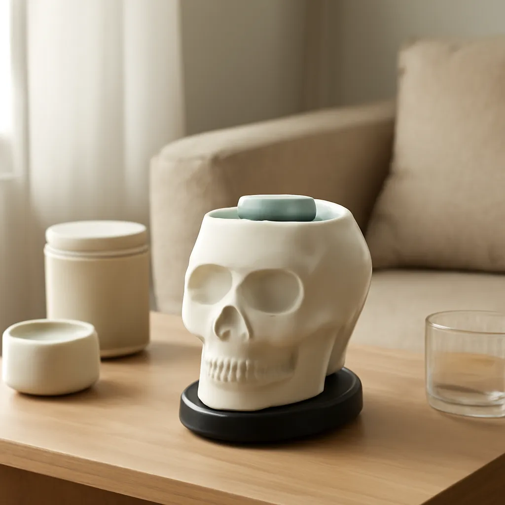 Hero image: compact electric skull wax warmer in a small apartment corner, realistic premium product photography, dramatic but clean lighting, no text