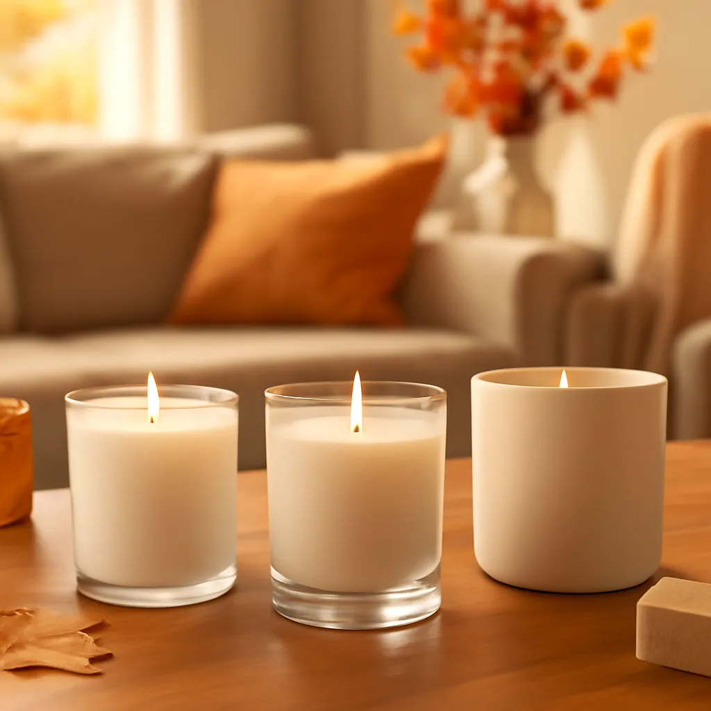 Hero image: three-style fall candle interior comparison, premium US lifestyle photography, warm autumn light, clean composition, no text