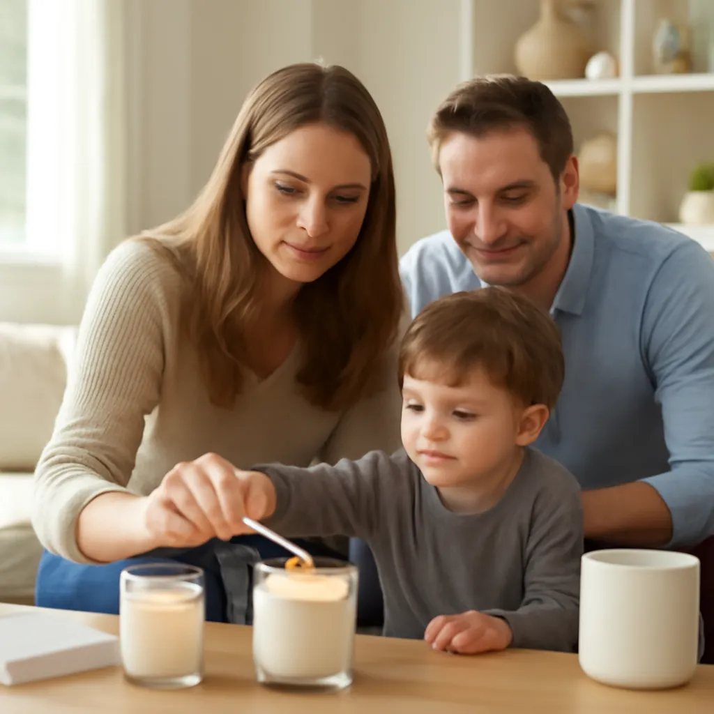 Hero image: carefully supervised candle use in a family home, premium US lifestyle photography, realistic materials, clean composition, no text