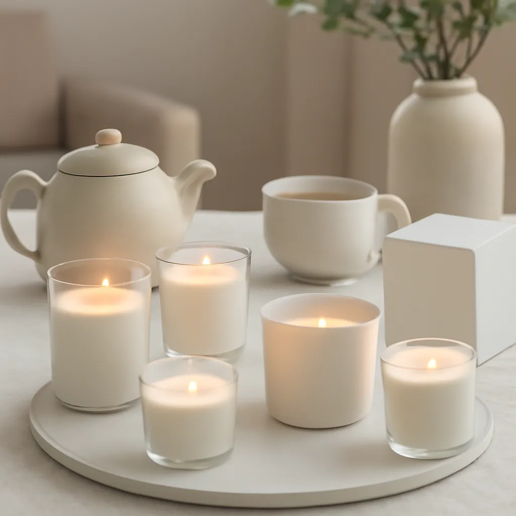 Hero image: refined tea candle collection beside ceramic teaware, premium US lifestyle photography, realistic materials, clean composition, no text