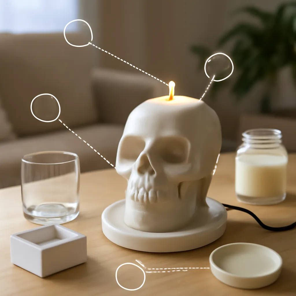 Hero image: skull candle warmer troubleshooting with common problem callouts, realistic premium product photography, dramatic but clean lighting, no text