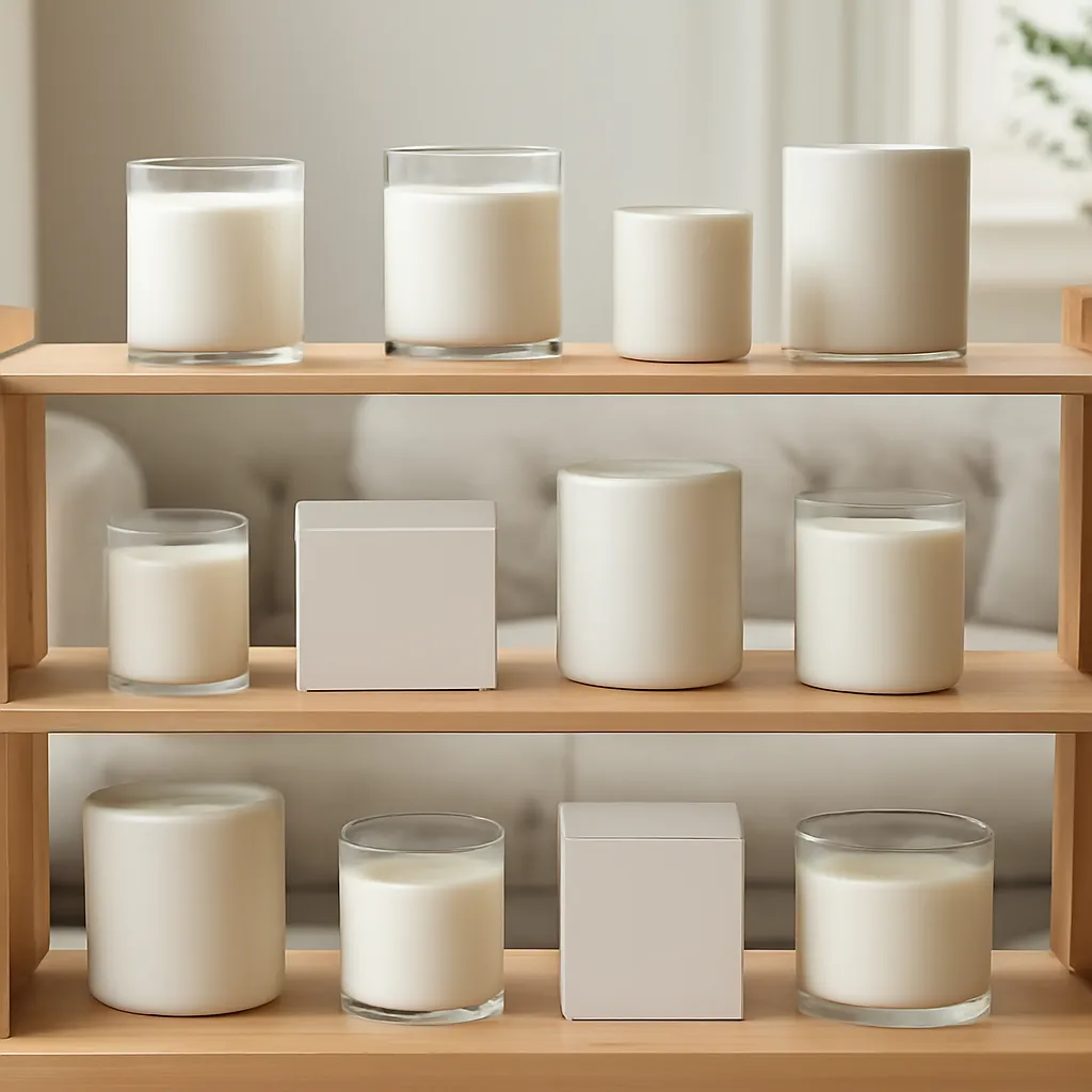 Hero image: an elegant candle scent library arranged by fragrance family, premium US lifestyle photography, realistic materials, clean composition, no text
