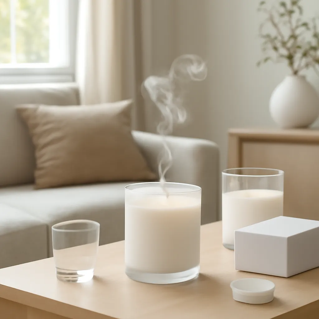 Hero image: visible fragrance diffusion from a candle through a modern room, premium US lifestyle photography, realistic materials, clean composition, no text