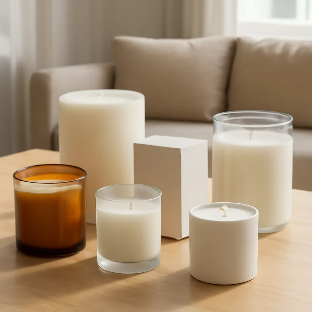 Hero image: a complete premium scented candle collection representing multiple waxes and formats, premium US lifestyle photography, realistic materials, clean composition, no text