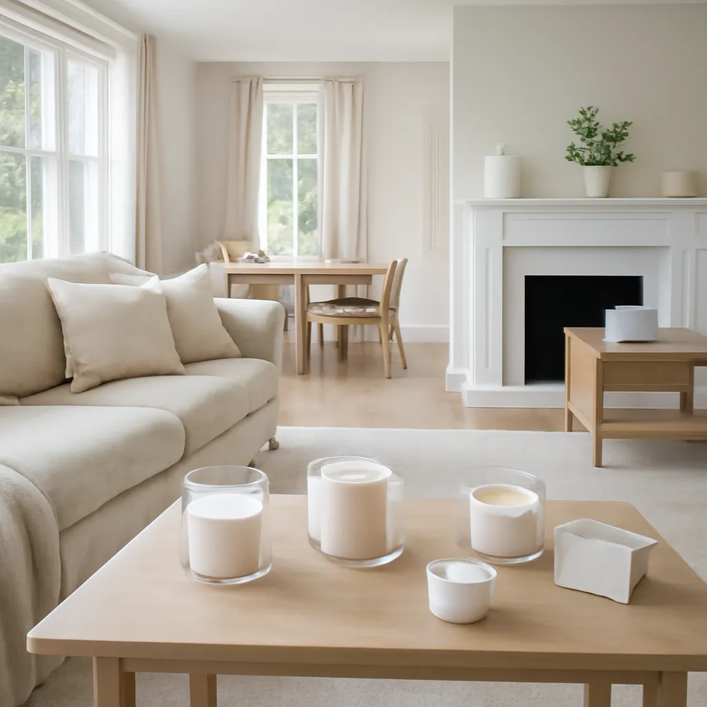 Hero image: six-room American home styled with coordinated scented candles, premium US lifestyle photography, realistic materials, clean composition, no text
