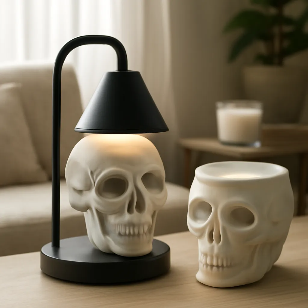 Hero image: side-by-side skull candle warmer lamp and skull wax warmer, realistic premium product photography, dramatic but clean lighting, no text