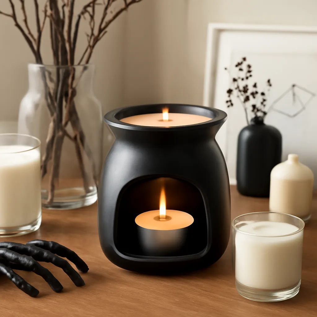 Hero image: spooky candle warmer styled with elegant Halloween decorations, realistic premium product photography, dramatic but clean lighting, no text