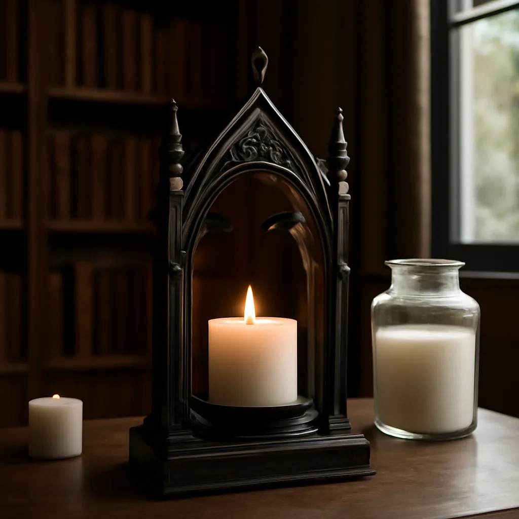 Hero image: elegant Gothic candle warmer in a dark library-inspired interior, realistic premium product photography, dramatic but clean lighting, no text