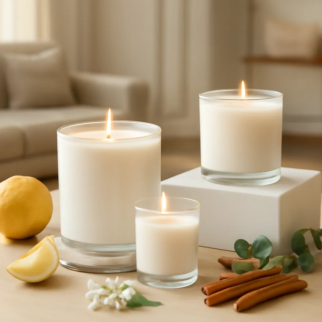 Hero image: elegant scented candles with realistic fragrance ingredients, premium US lifestyle photography, realistic materials, clean composition, no text