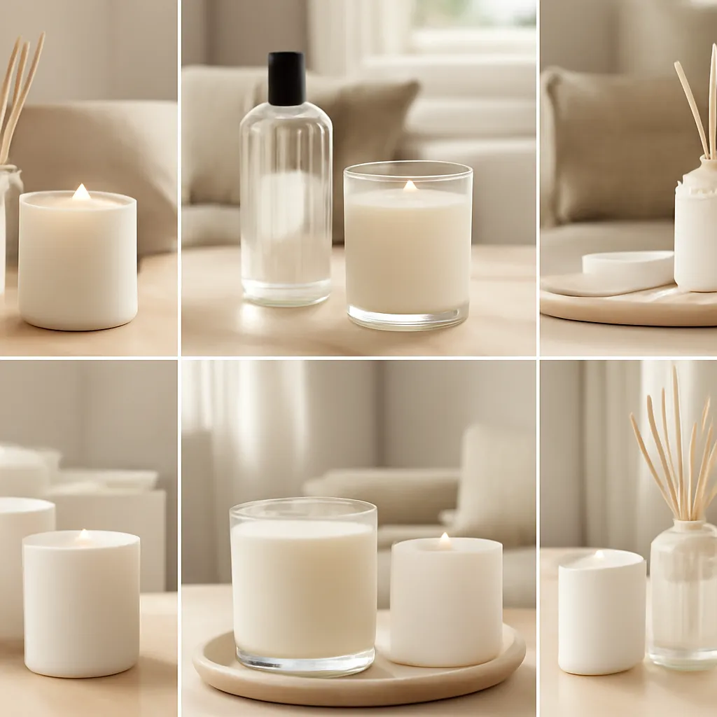 Hero image: six-room home fragrance collage, premium US lifestyle photography, realistic materials, clean composition, no text
