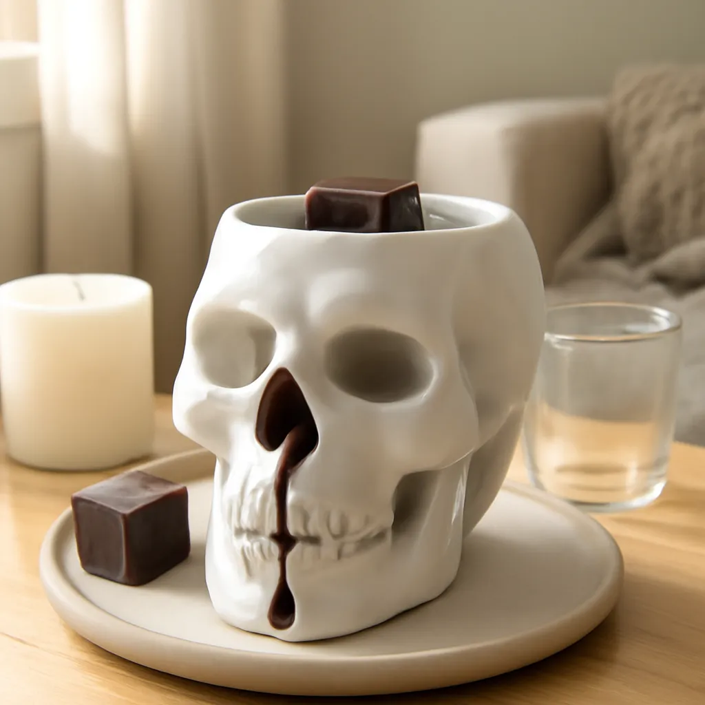 Hero image: electric skull wax warmer melting dark seasonal wax cubes, realistic premium product photography, dramatic but clean lighting, no text